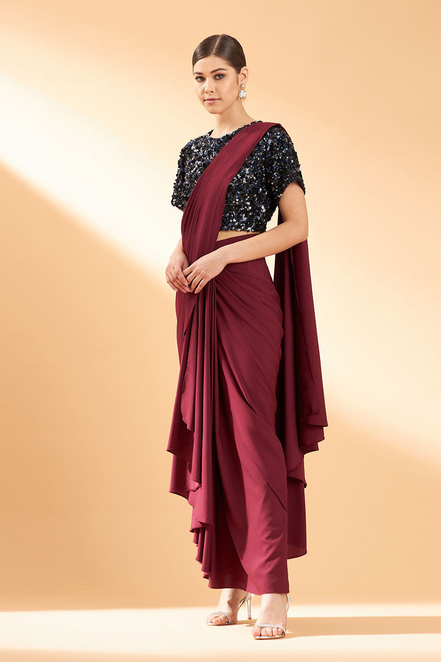 Maroon Crystal Draped Saree & Blouse Set
