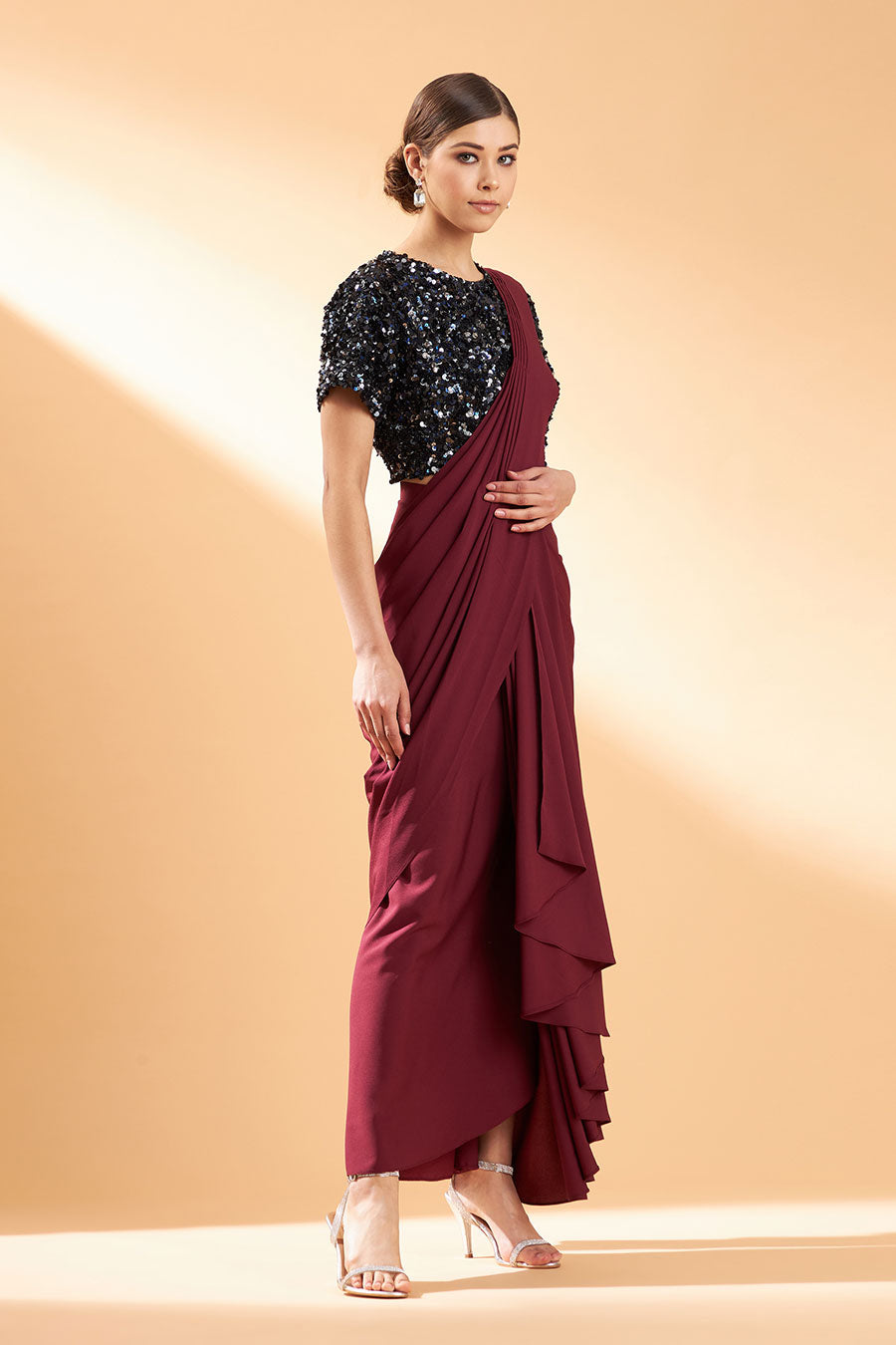 Maroon Crystal Draped Saree & Blouse Set