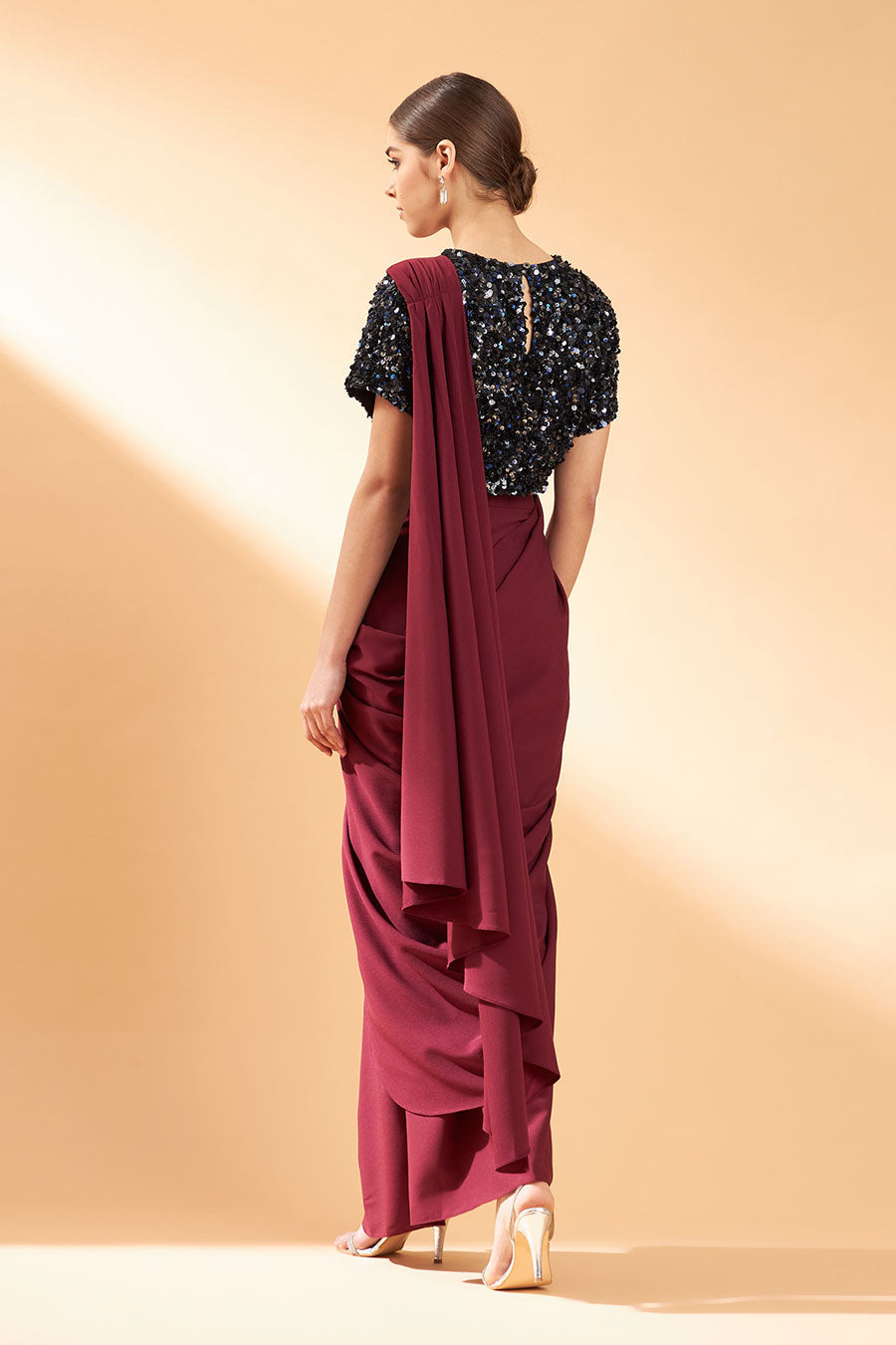 Maroon Crystal Draped Saree & Blouse Set