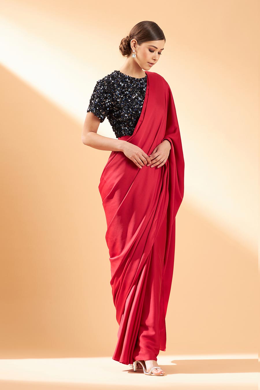 Red Crystal Draped Saree & Blouse Set
