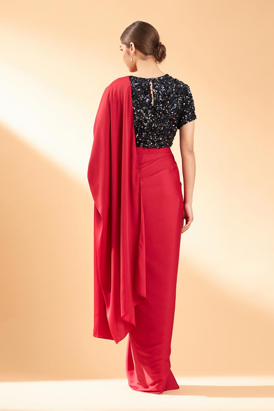 Red Crystal Draped Saree & Blouse Set