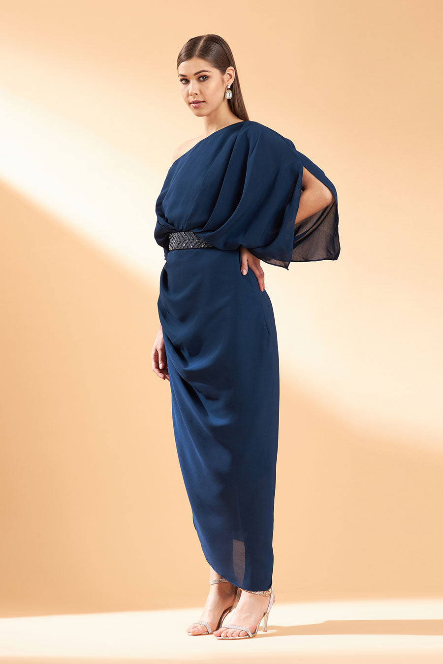 Blue Sapphire One-Shoulder Dress With Belt