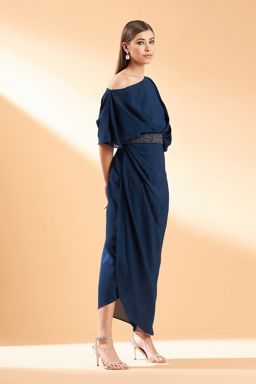 Blue Sapphire One-Shoulder Dress With Belt