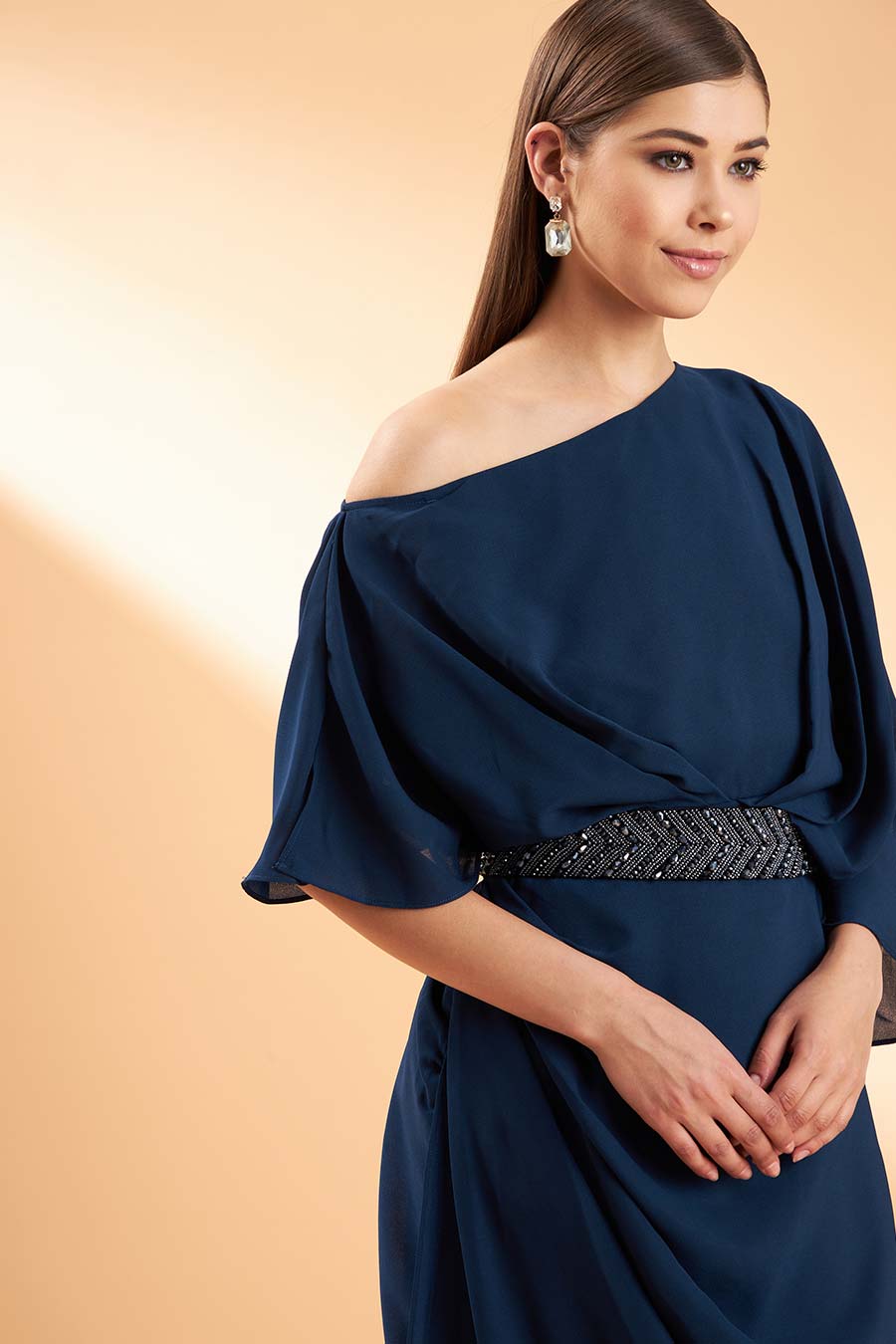 Blue Sapphire One-Shoulder Dress With Belt