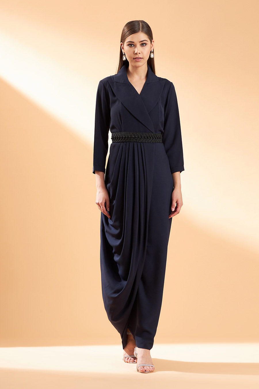 Navy Noir Drape Dress With Belt