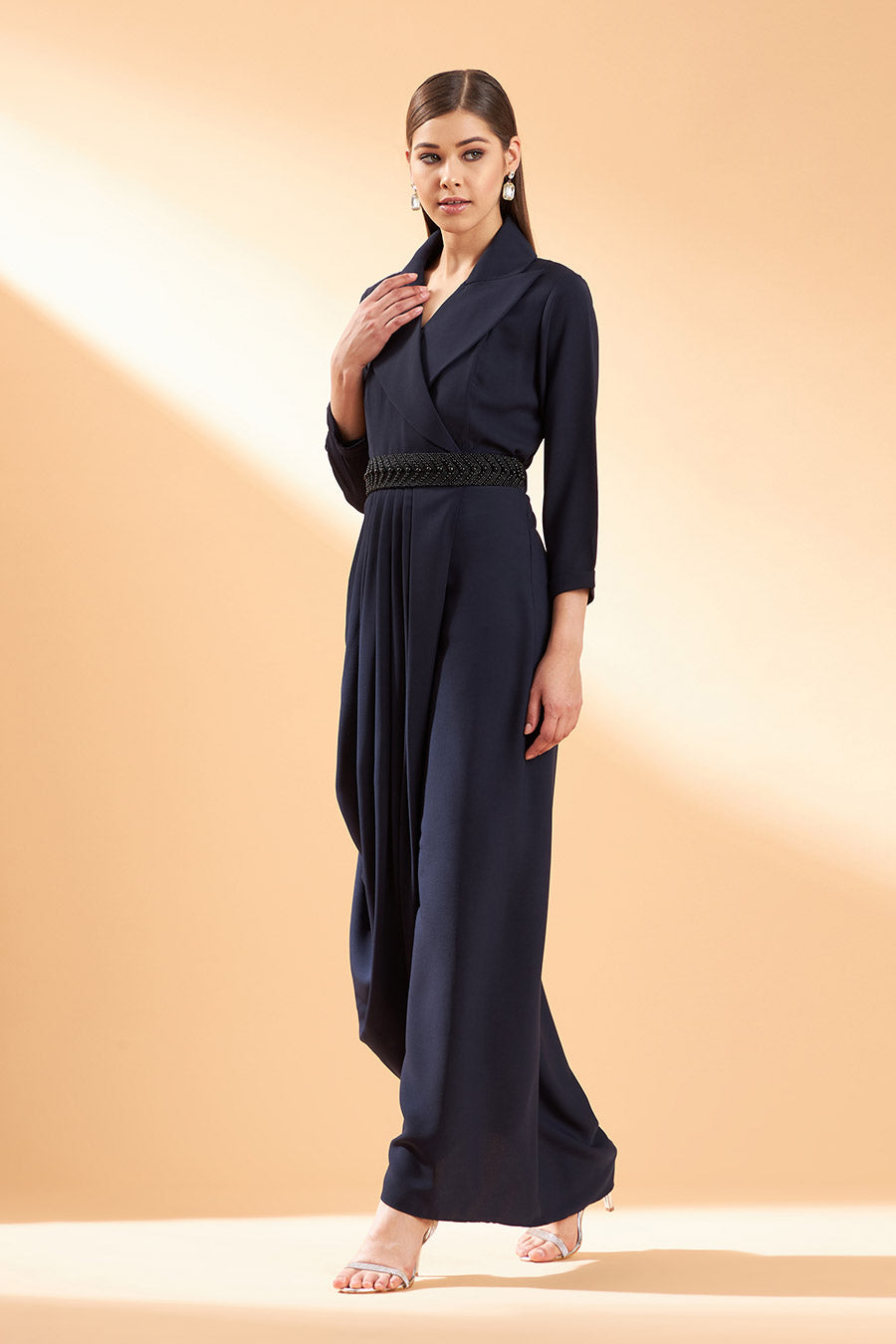 Navy Noir Drape Dress With Belt