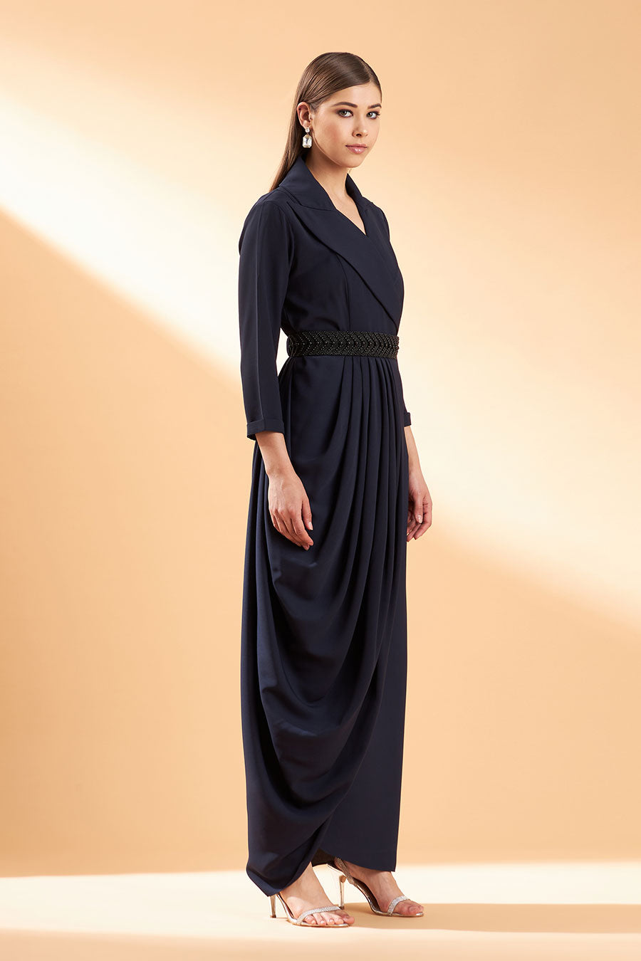 Navy Noir Drape Dress With Belt