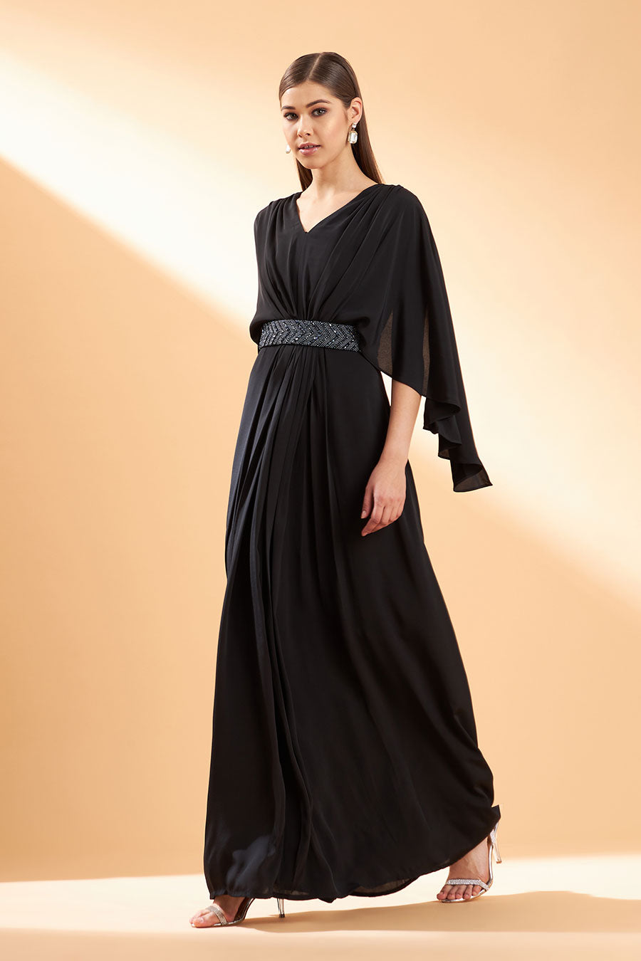 Ebony Crystal Drape Dress With Belt