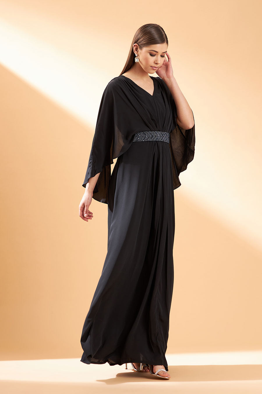 Ebony Crystal Drape Dress With Belt