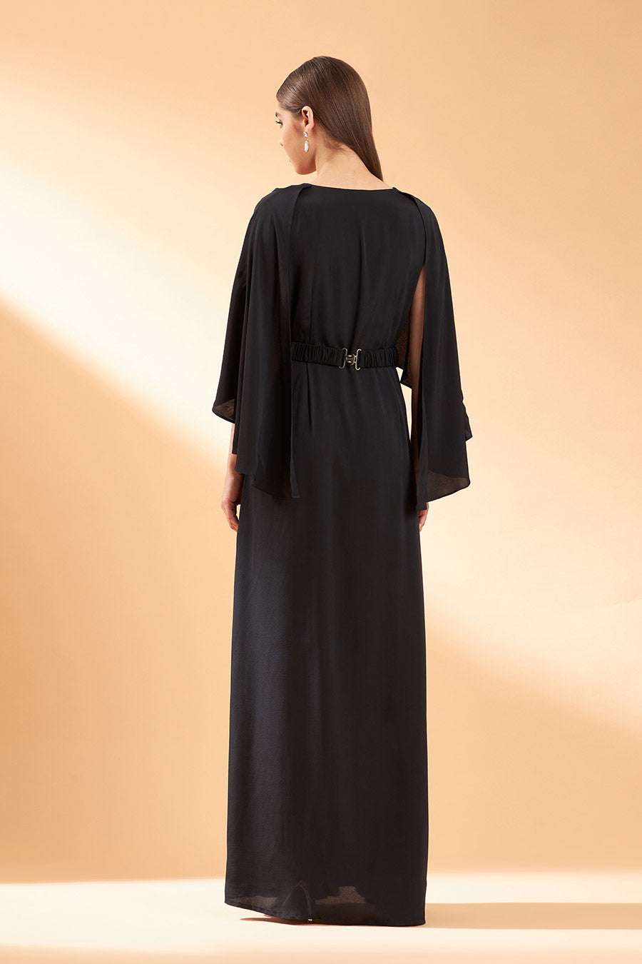 Ebony Crystal Drape Dress With Belt