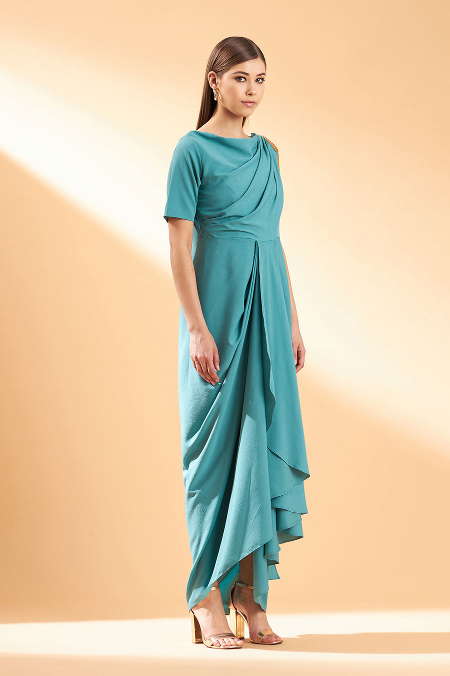 Sea Blue Crystal Drape Dress
