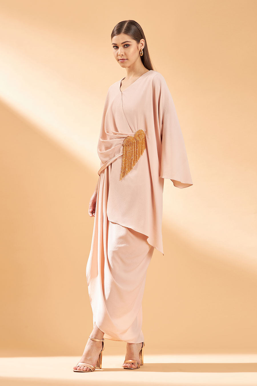 Crystal Fringe Peach Drape Dress