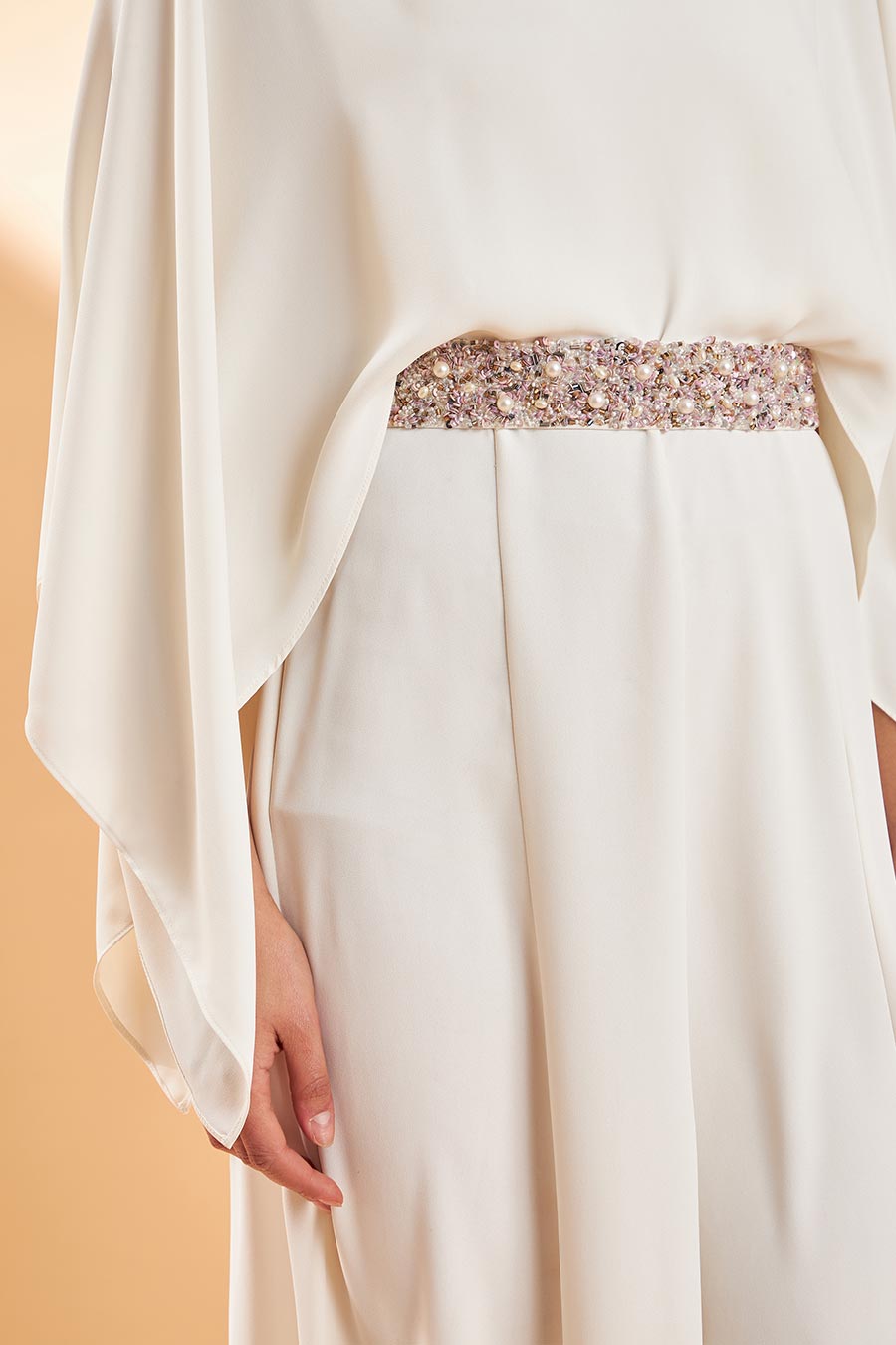 Cream Draped Jumpsuit With Belt