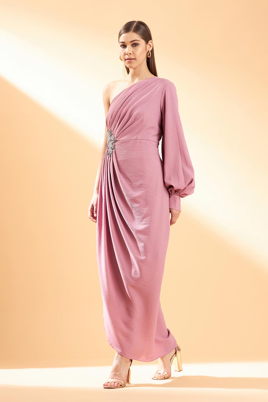 Pink Blossom One-Shoulder Drape Dress