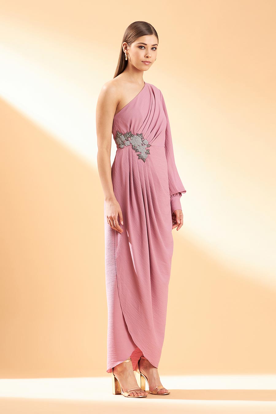 Pink Blossom One-Shoulder Drape Dress