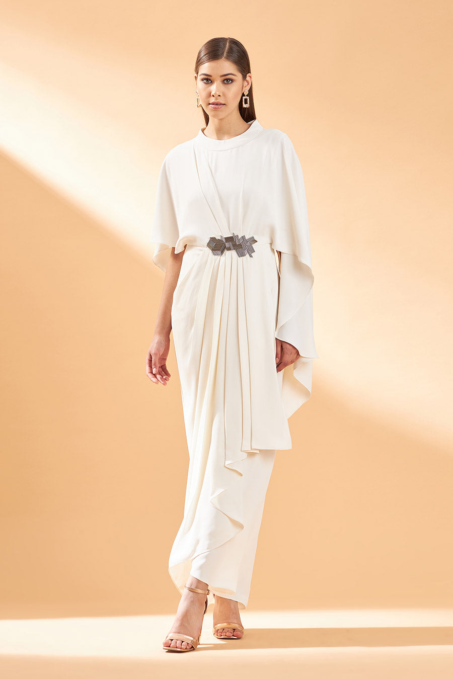 Cream Pleated Drape Dress