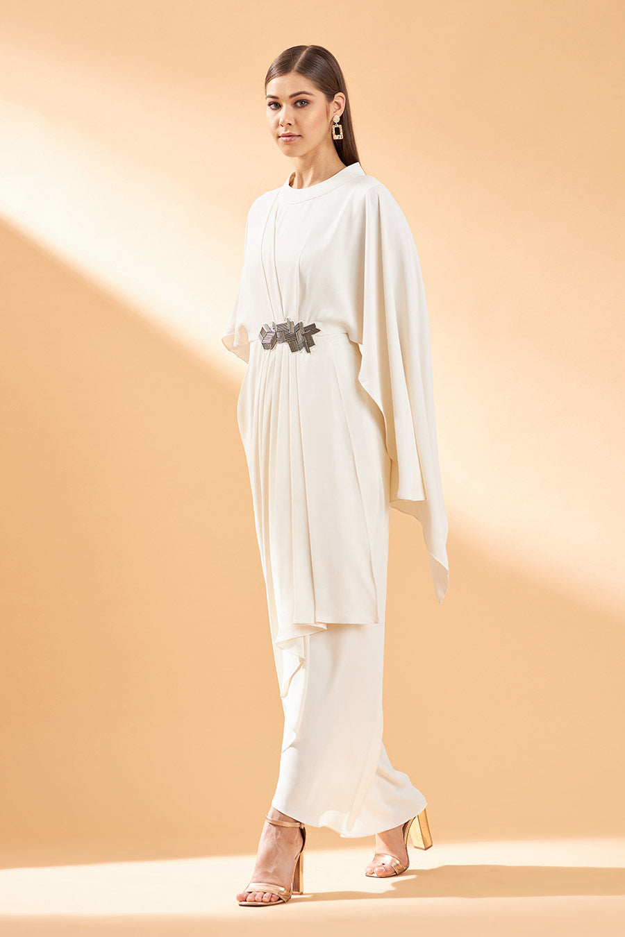 Cream Pleated Drape Dress