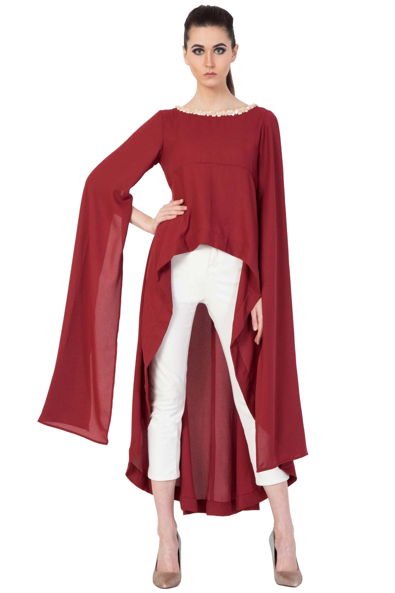 Burgundy Boat Neck High Low Tunic