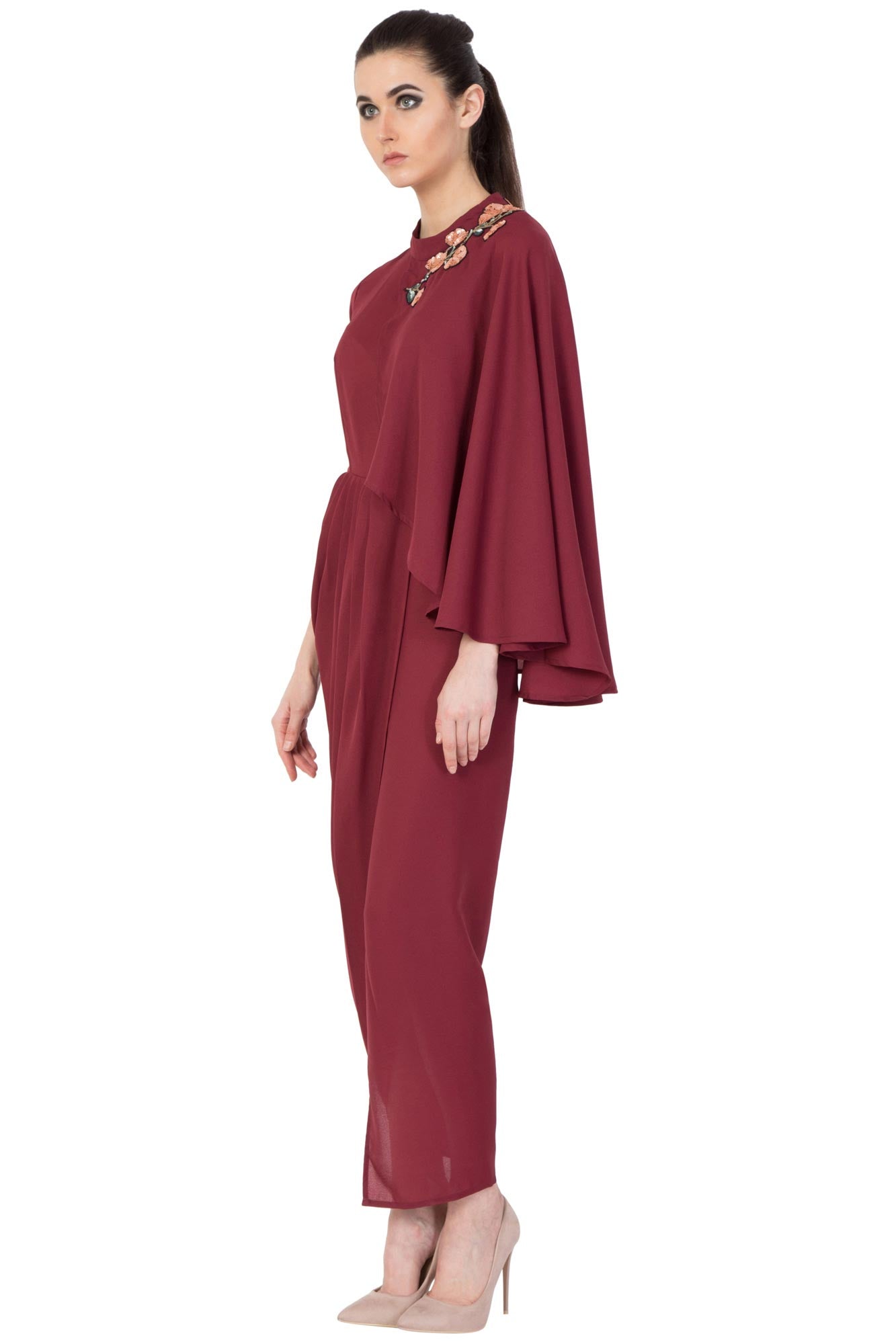 Maroon Floral Embroidered Drape Dress