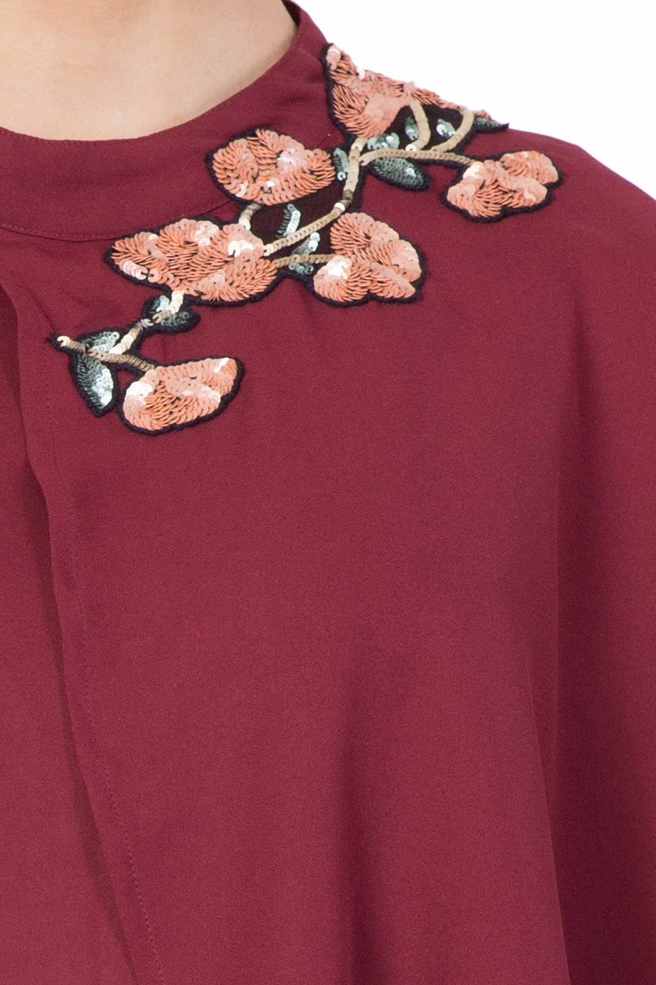 Maroon Floral Embroidered Drape Dress