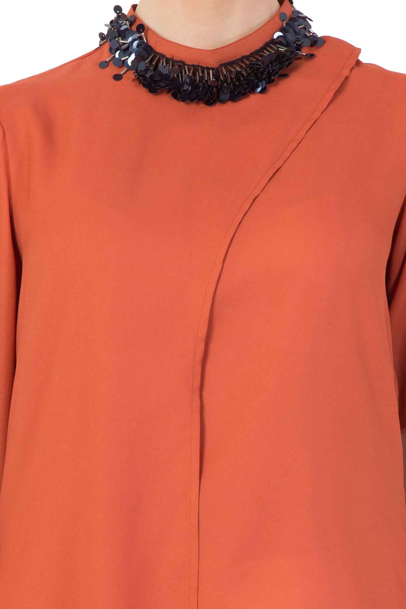 Blush Orange Metallic Collar Drape Top
