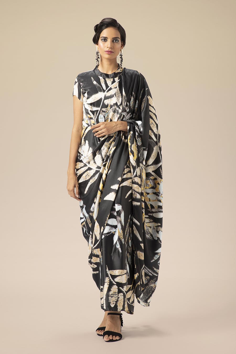 Black Tropical Print Drape Saree Dress