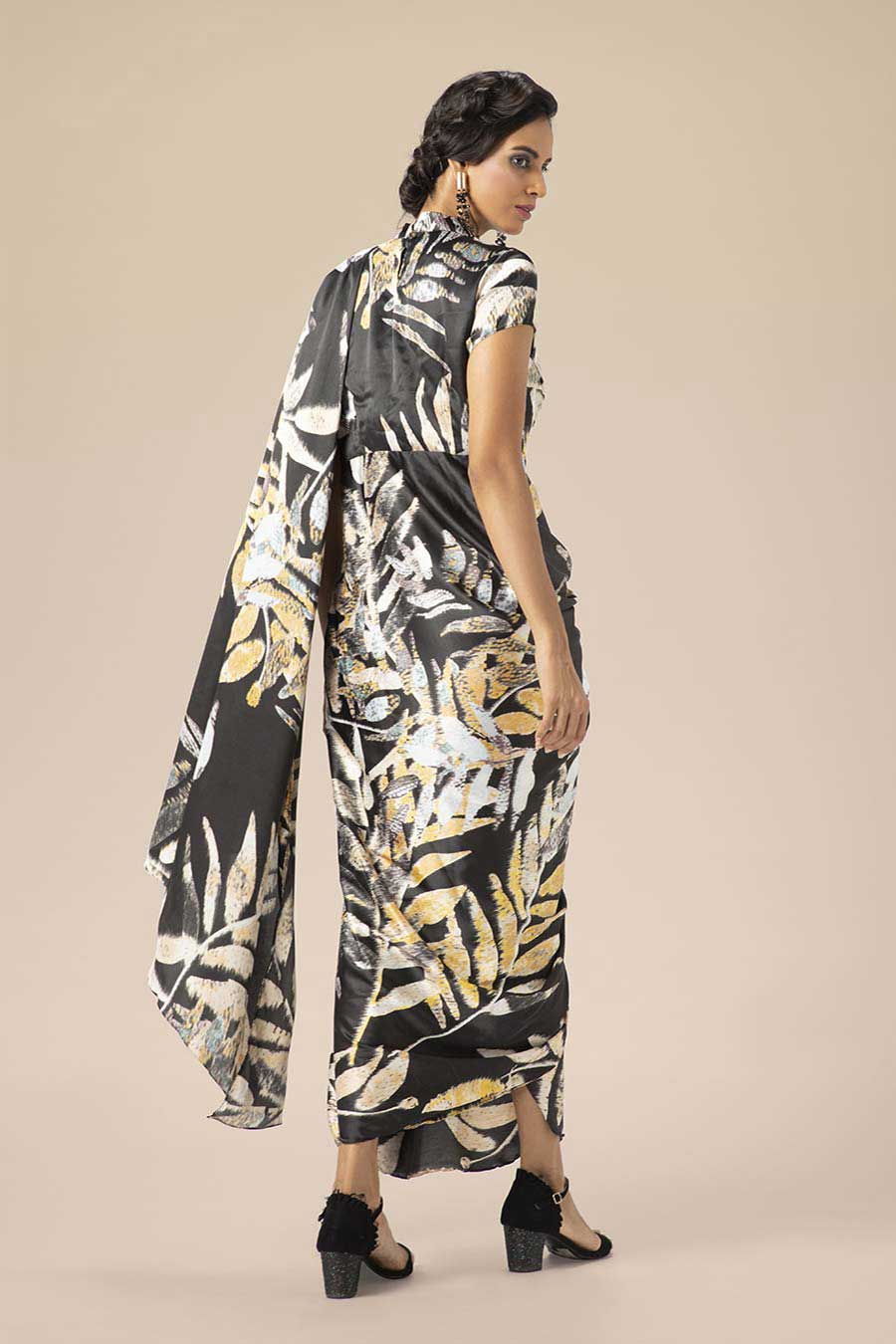 Black Tropical Print Drape Saree Dress