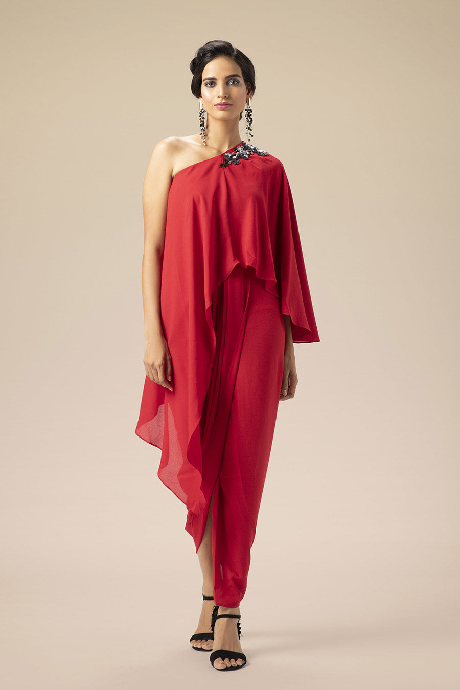 One Shoulder Red Wave Drape Dress