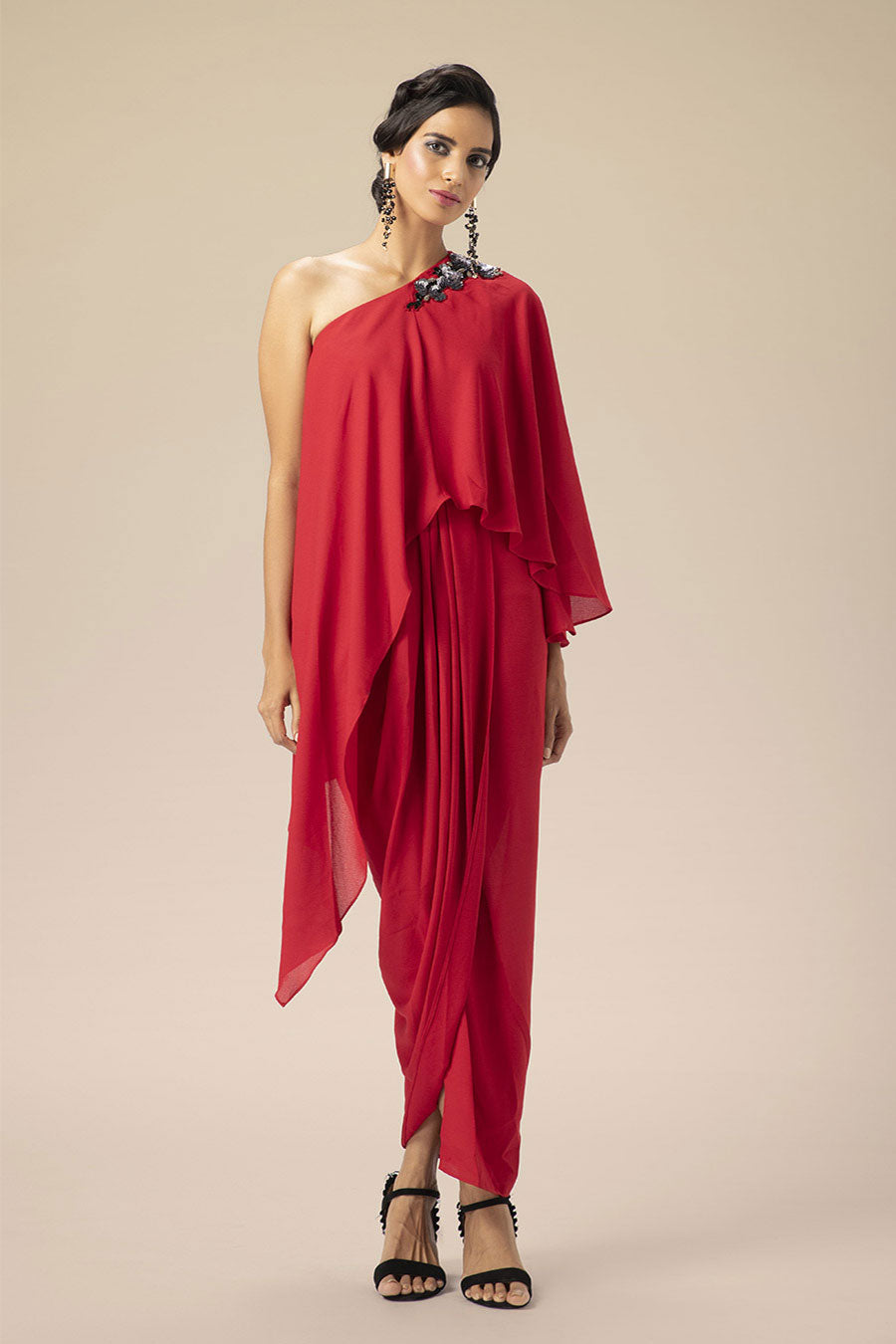 One Shoulder Red Wave Drape Dress