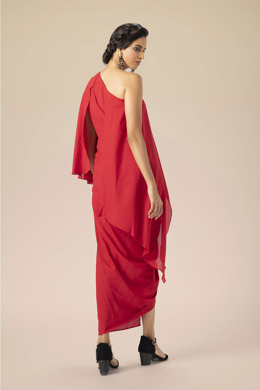 One Shoulder Red Wave Drape Dress