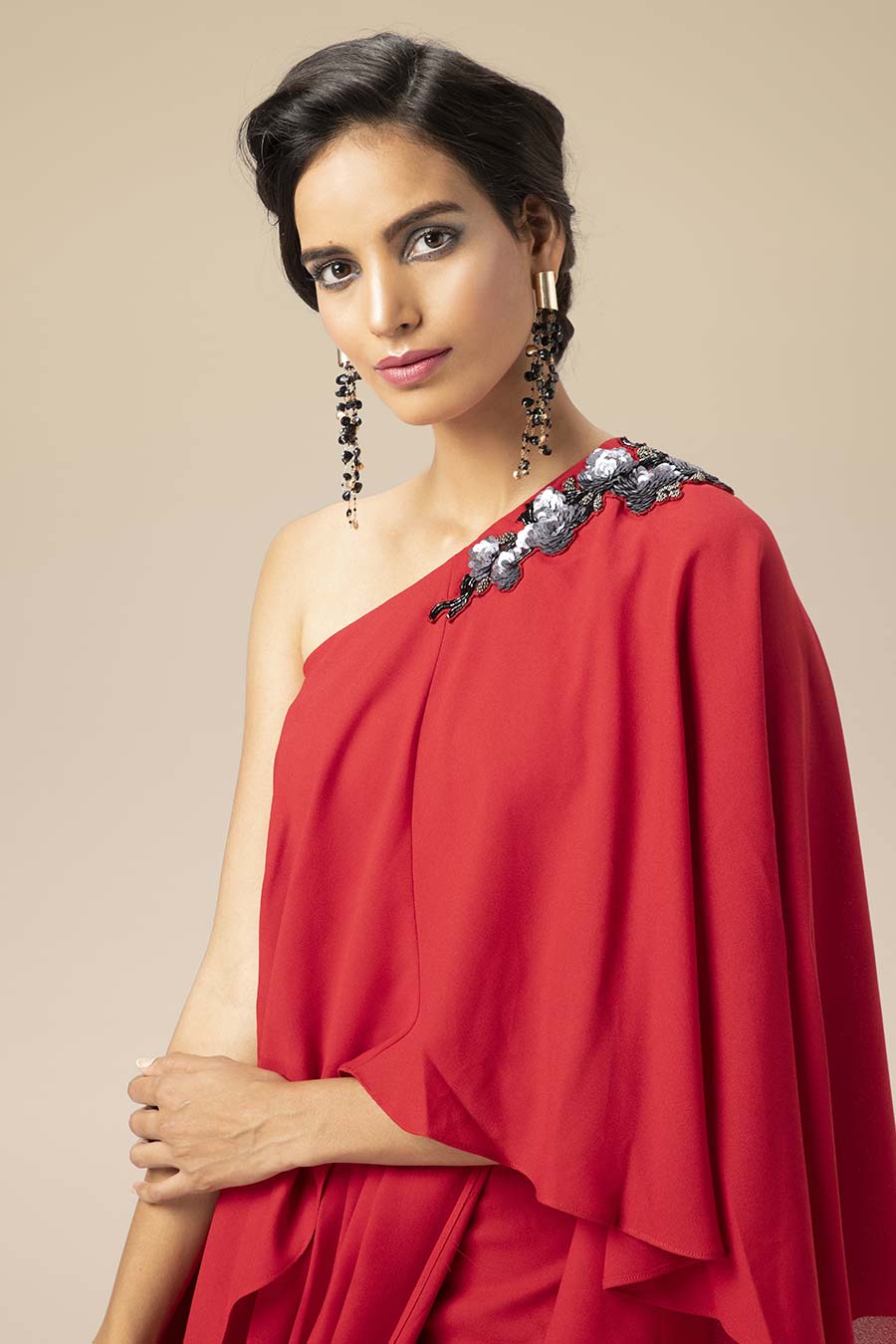 One Shoulder Red Wave Drape Dress