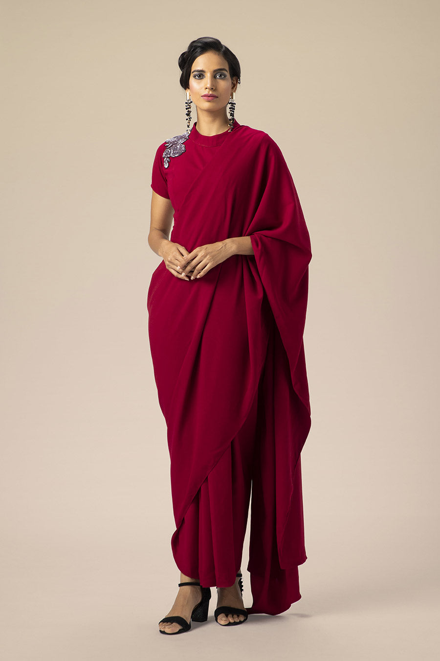 Maroon Embroidered Drape Saree Dress