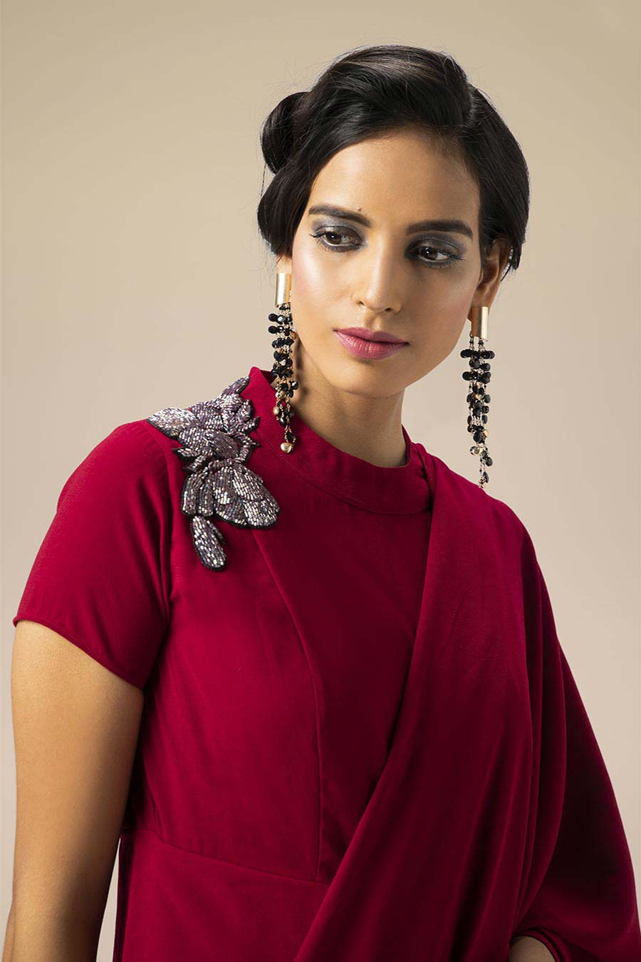 Maroon Embroidered Drape Saree Dress