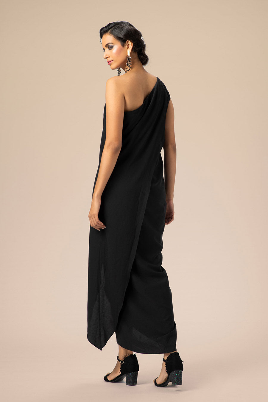 One Shoulder Black Drape Dress