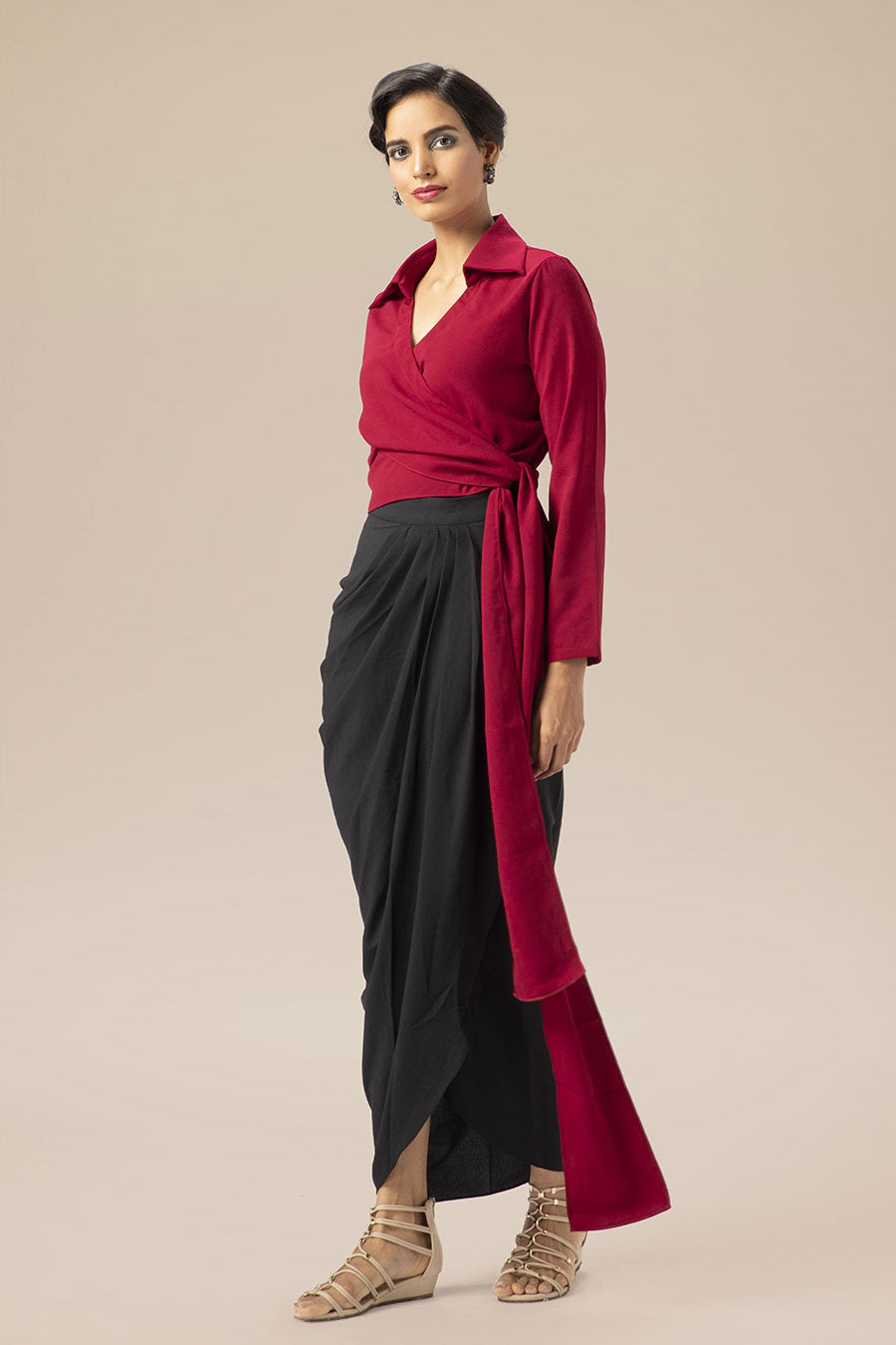 Maroon Wrap Shirt & Drape Skirt Set