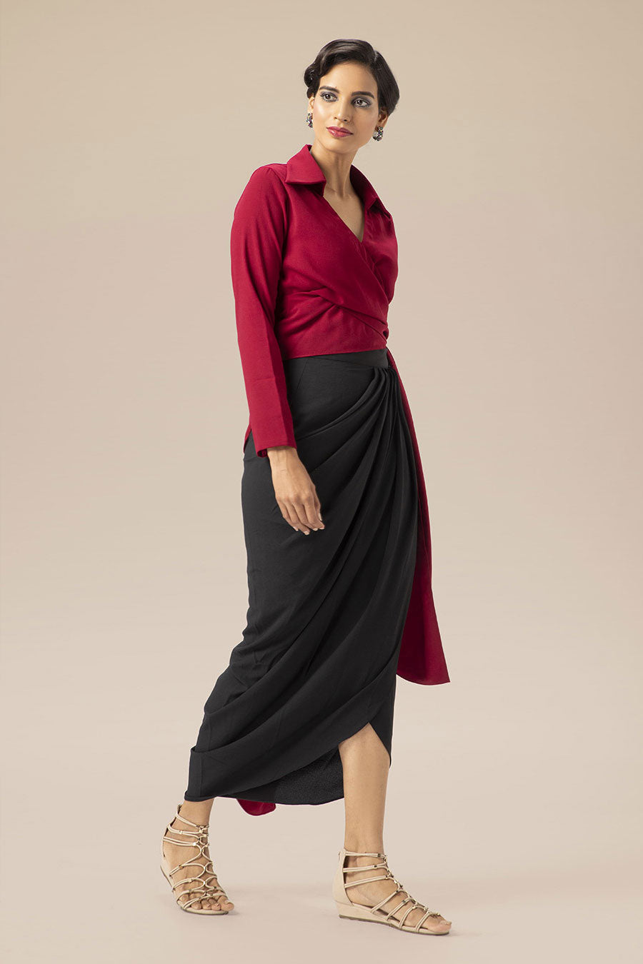 Maroon Wrap Shirt & Drape Skirt Set