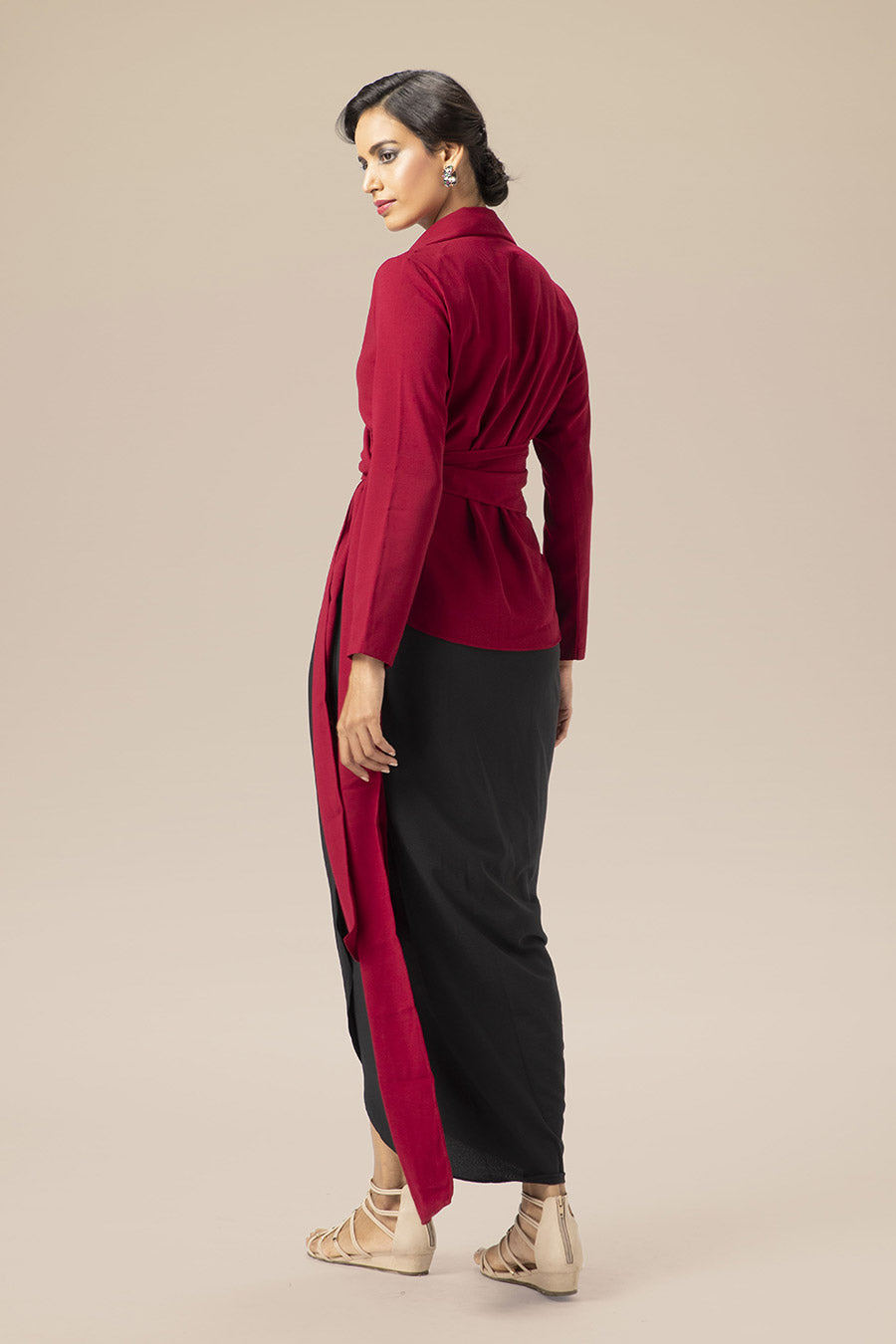 Maroon Wrap Shirt & Drape Skirt Set