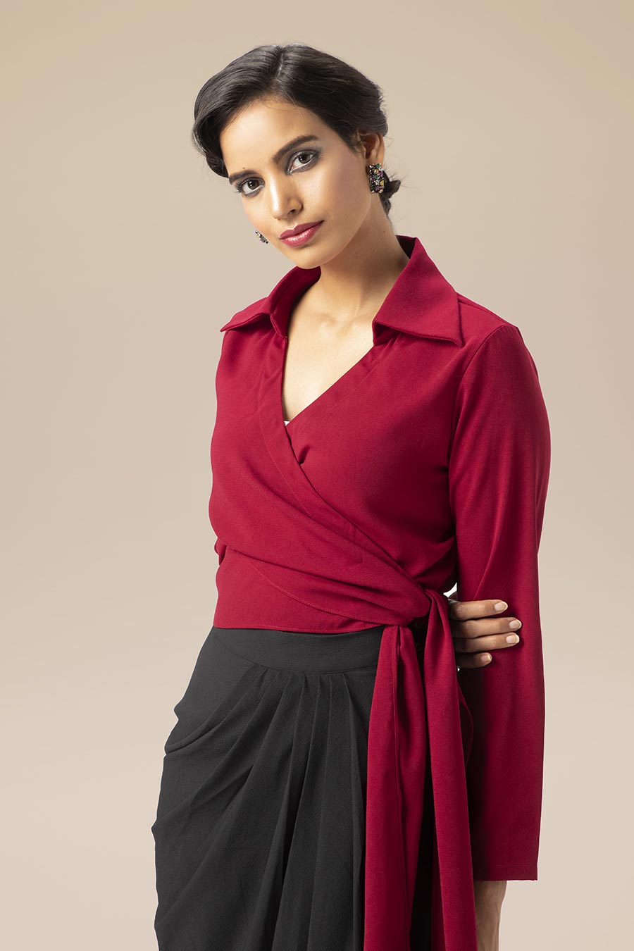 Maroon Wrap Shirt & Drape Skirt Set