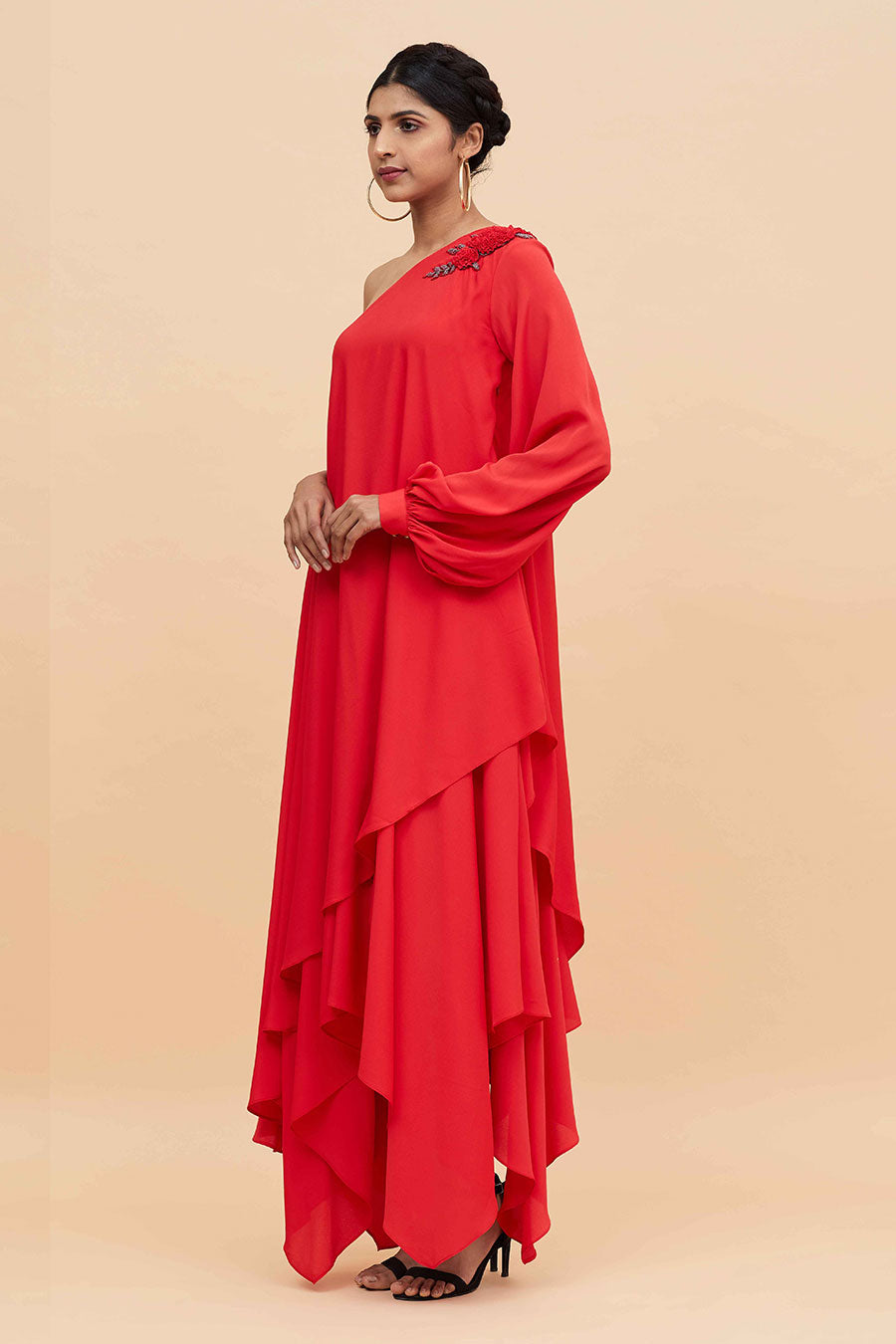 Red Layered One Shoulder Dress