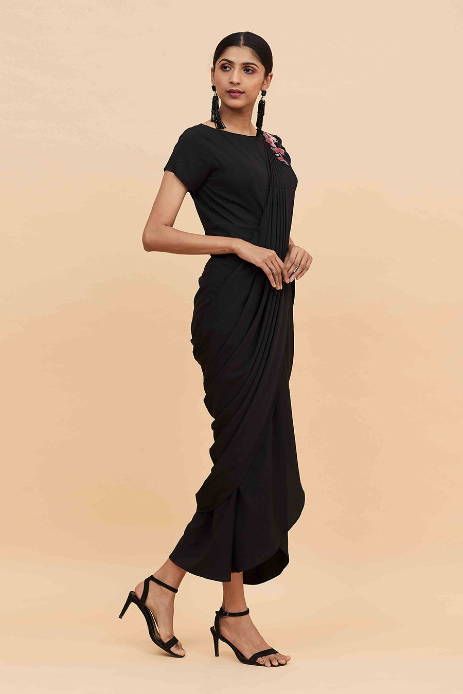 Black Cowl Drape Saree Dress