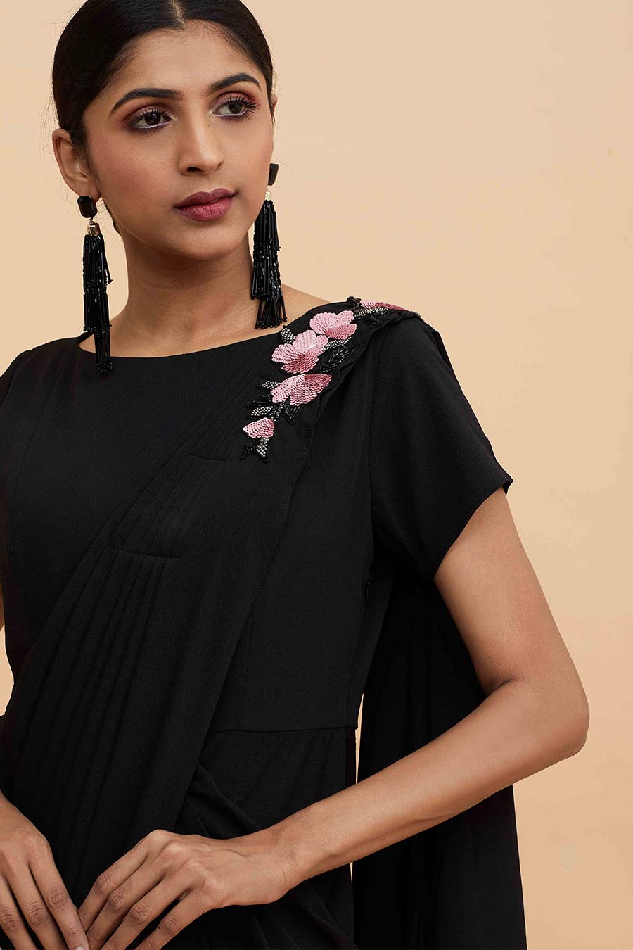 Black Cowl Drape Saree Dress