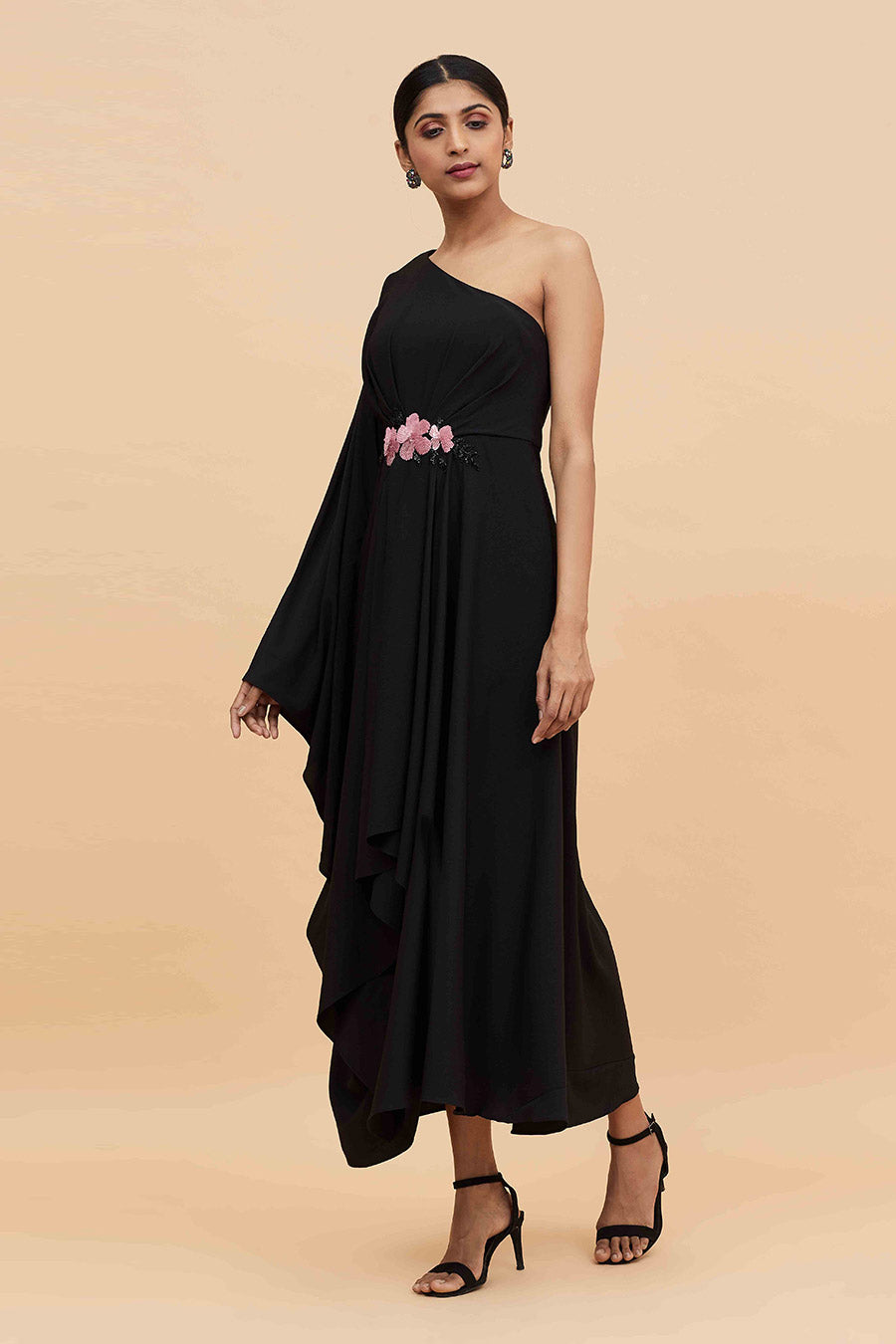 Black One Shoulder Camellia Dress