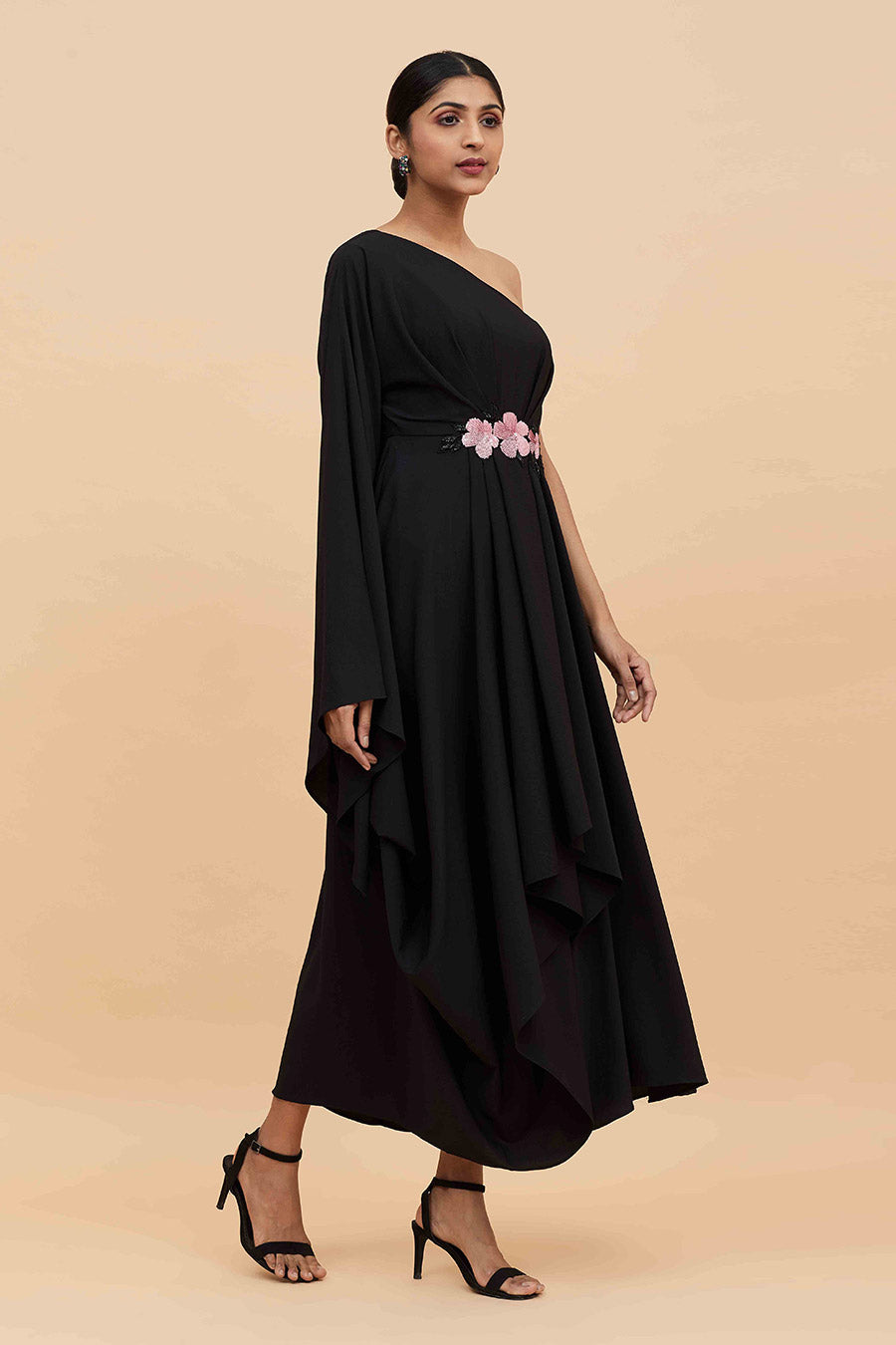 Black One Shoulder Camellia Dress