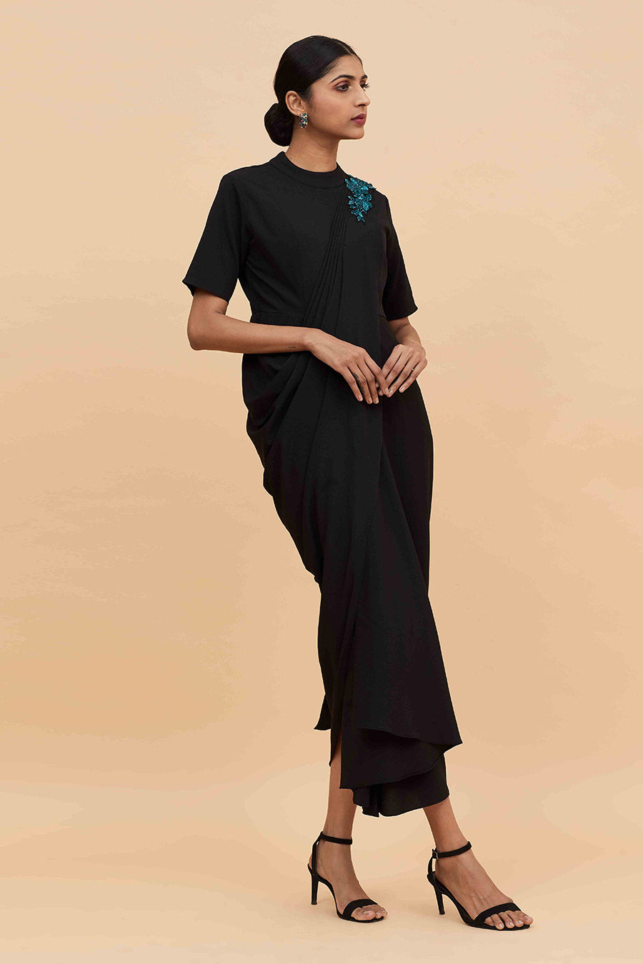 Black Crystal Drape Saree Dress