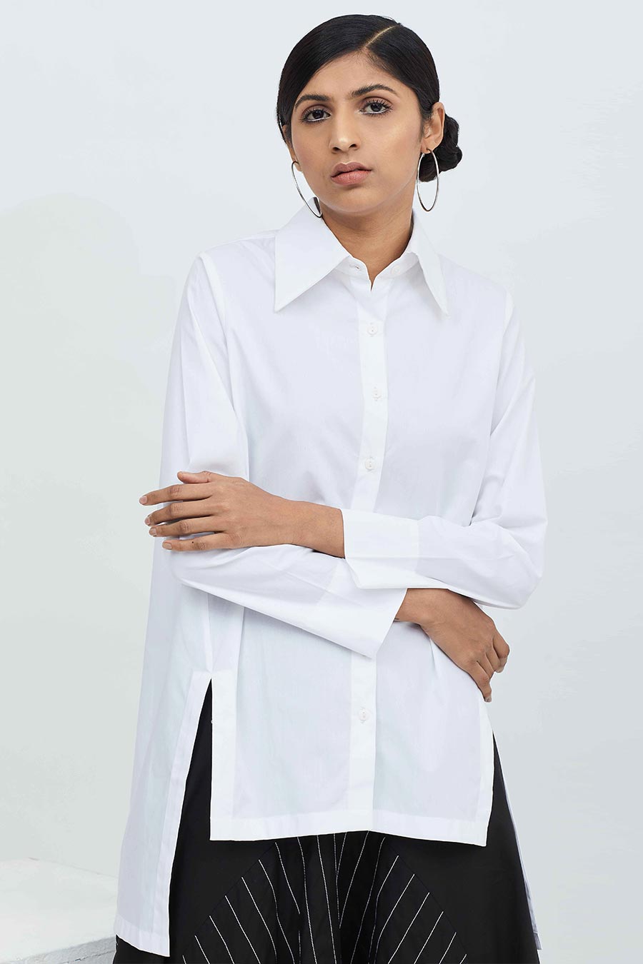 White Cotton High Slit Shirt