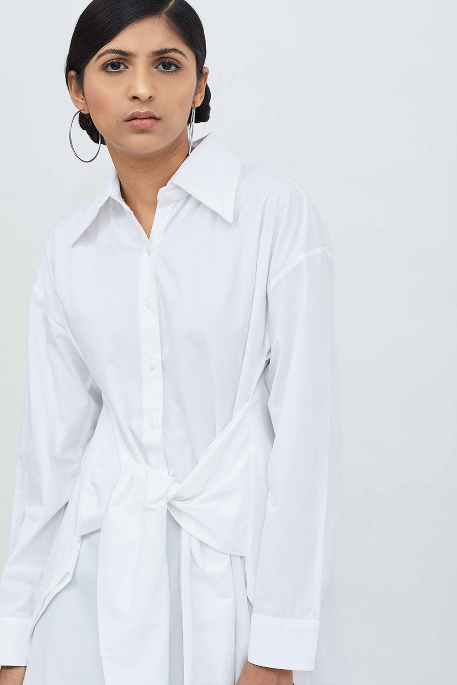 White High-Low Knot Shirt Tunic