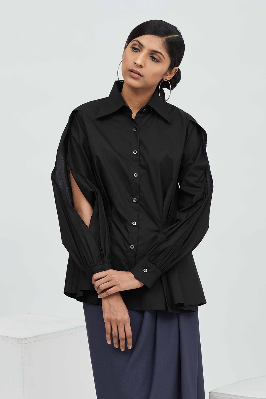 Black Cotton Pleated Tuck Shirt