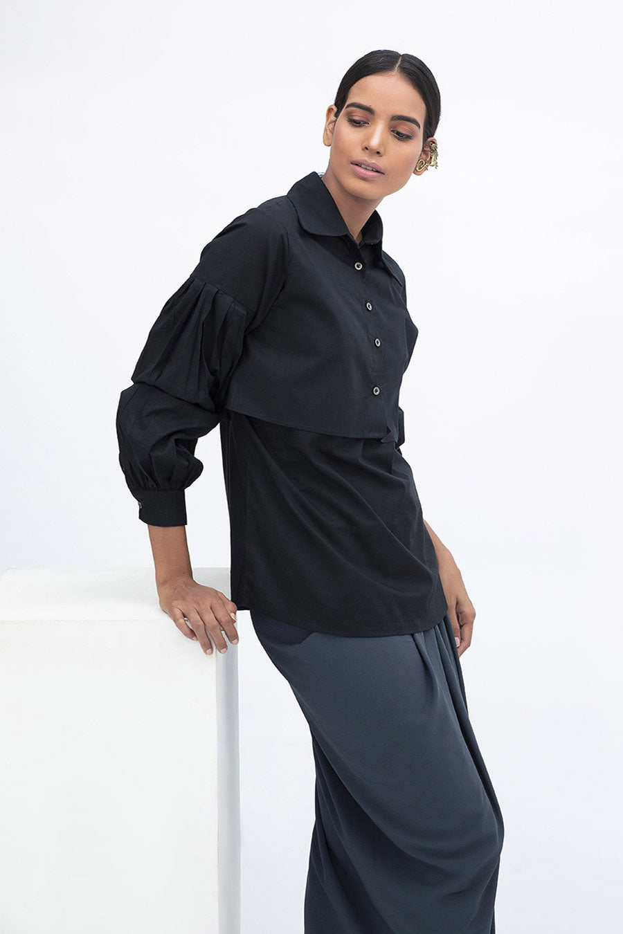 Black Pleated Shirt Top