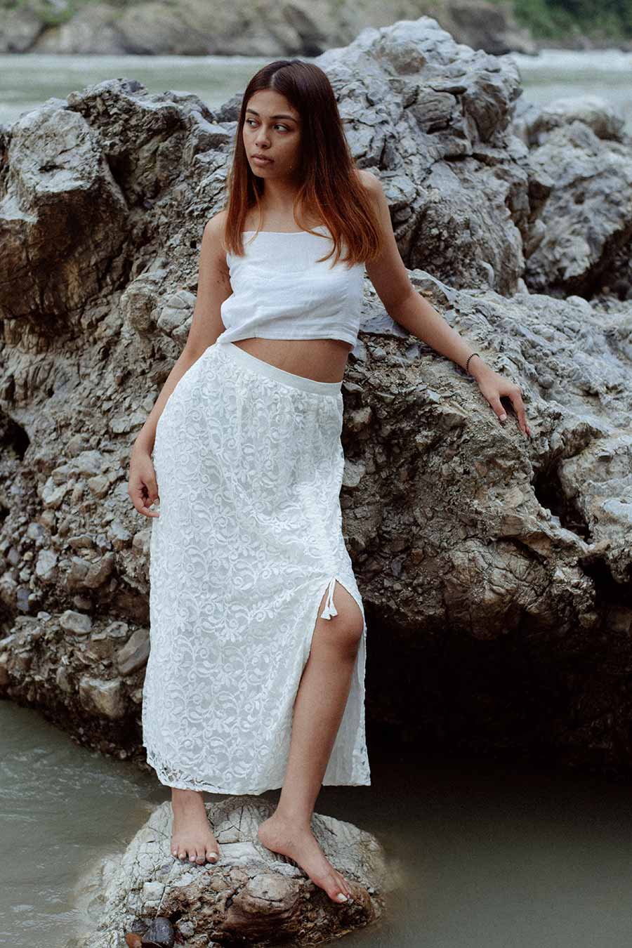 PHI-PHI - White Lace Pull-String Skirt