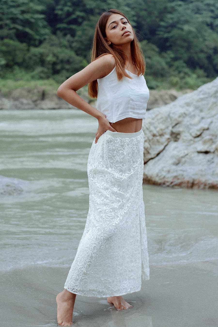 PHI-PHI - White Lace Pull-String Skirt